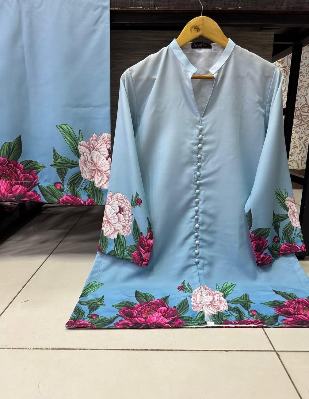 Women's 2 pcs blue Shamoz Silk stitched co-ord set front view