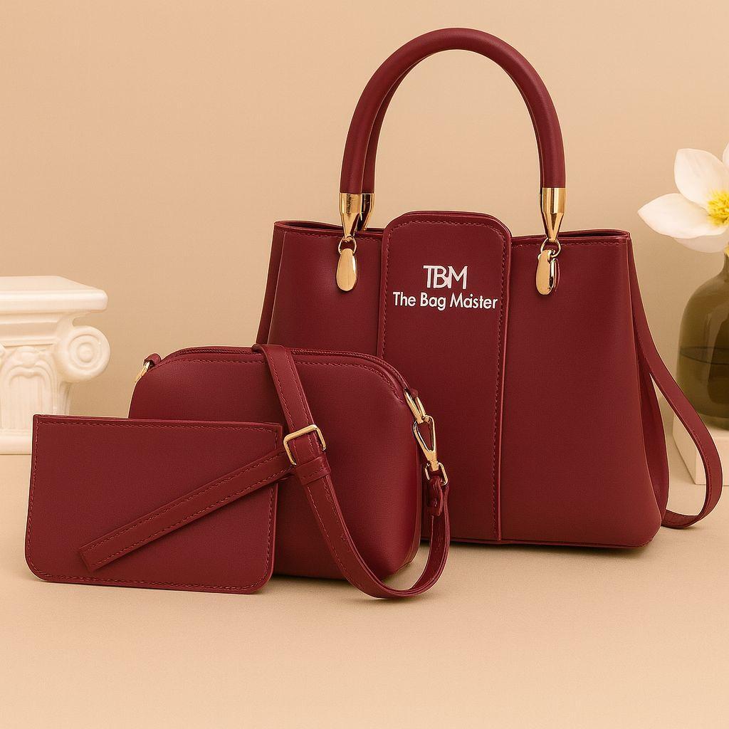 Front view of 3 Pcs Girl’s Rexine Hand Bag Set in Maroon