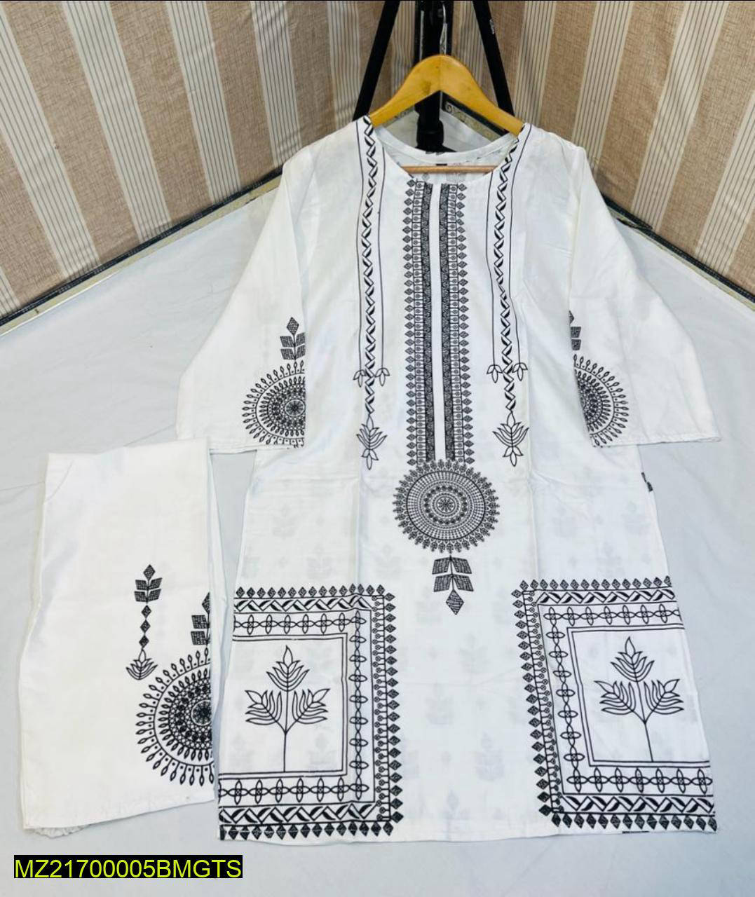 Women's stitched linen block printed suit front view
