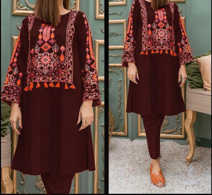 Women's 2 pcs linen embroidered stitched suit – shirt and trouser