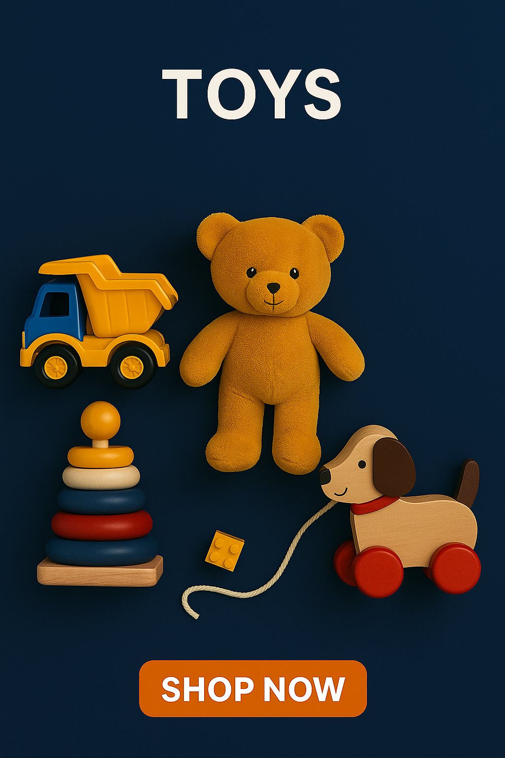 Kids toys collection including teddy bear, toy truck, stacking rings, and pull along dog - Nexa Mall