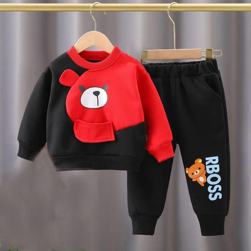 Boy's black fleece printed tracksuit front view