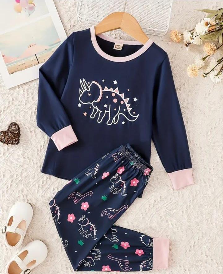 Girl's Cotton Jersey Printed Pajama and Shirt Set - Blue (Front View)