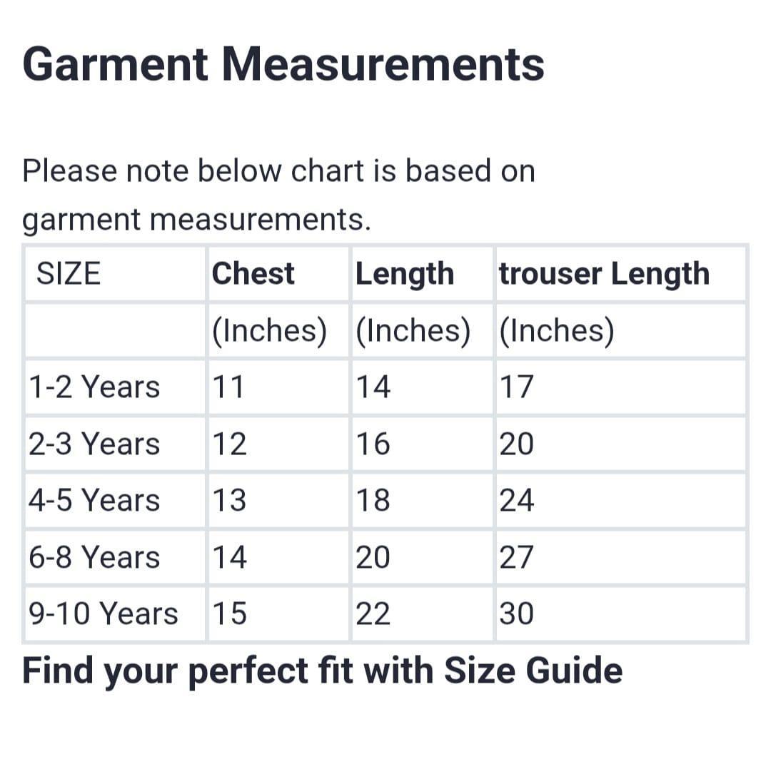Size Chart for Kids Donald Print Shirt & Trouser Set – Black Two Piece Suit