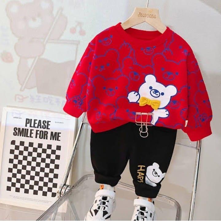 2 pcs kids fleece printed tracksuit in red for boys and girls