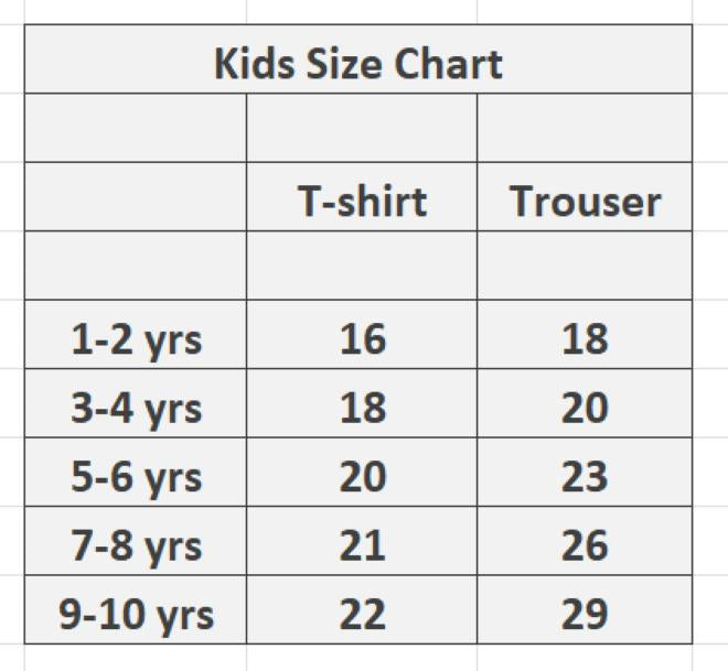 Size Chart of Girl and Boy Wearing Blue Fleece Printed Tracksuit