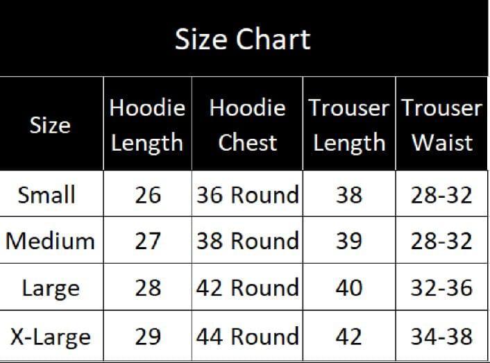 Men’s fleece hoodie and jogger set – size chart with measurements