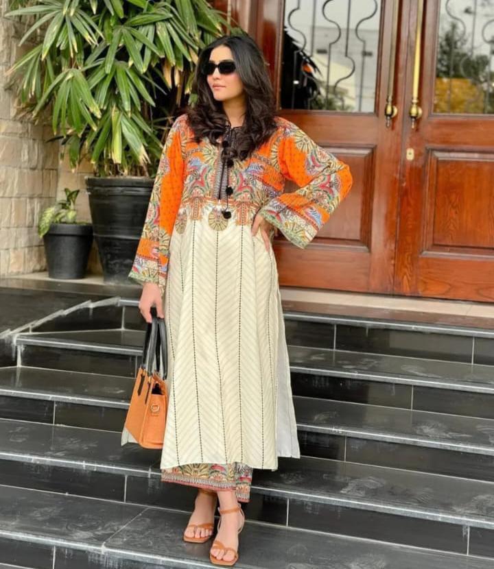 Front View – 2 Pcs Women’s Swiss Lawn Printed Co-Ord Set Orange Long Shirt