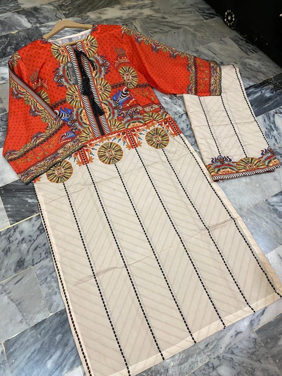 Trouser & Shirt – Swiss Lawn Printed Flapper Trouser with Orange Shirt
