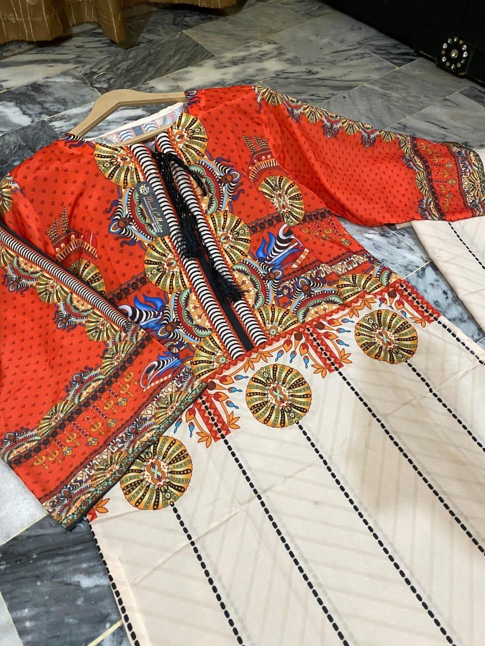 Trouser & Shirt Close-up – Swiss Lawn Printed Flapper Trouser with Orange Shirt