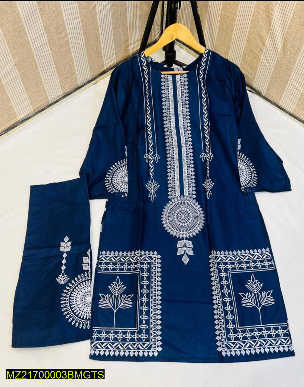 Women's stitched linen block printed suit front view