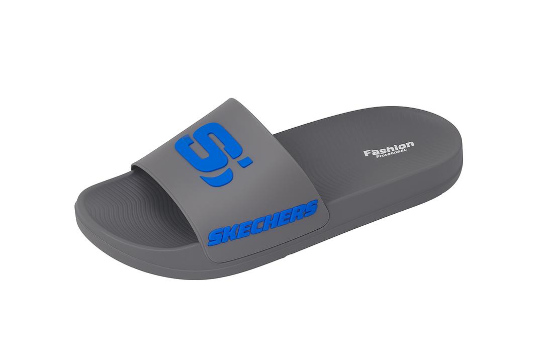 Side view showing textured sole of grey EVA slippers