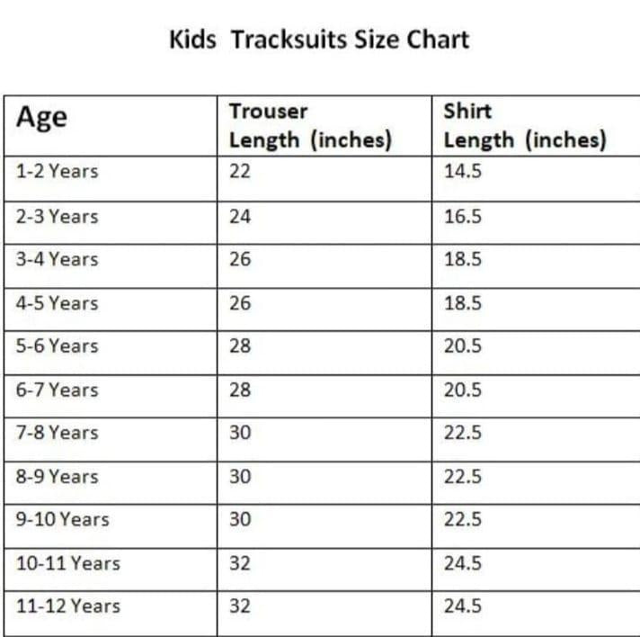 Size Chart for Durable Kids Tracksuit Ages 1-12 Years