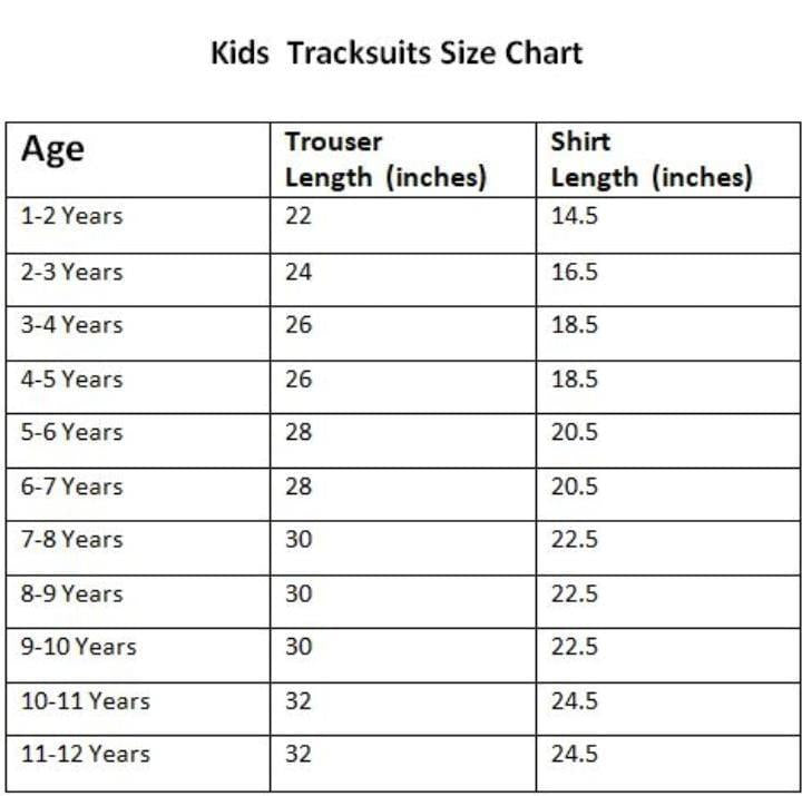 Size chart for 2 pcs boys tracksuit in maroon for ages 1–12