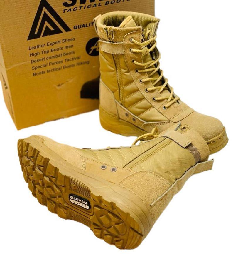 Top and Side view of men's long combat-style shoes