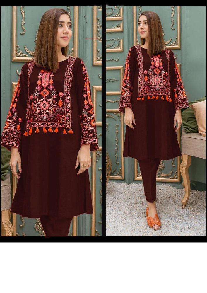 Women's 2 pcs linen embroidered stitched suit – shirt and trouser