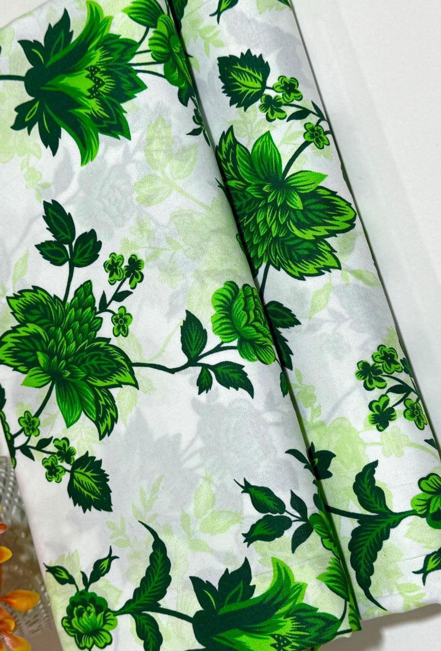Close-up of unstitched green printed shirt fabric Polo Cotton
