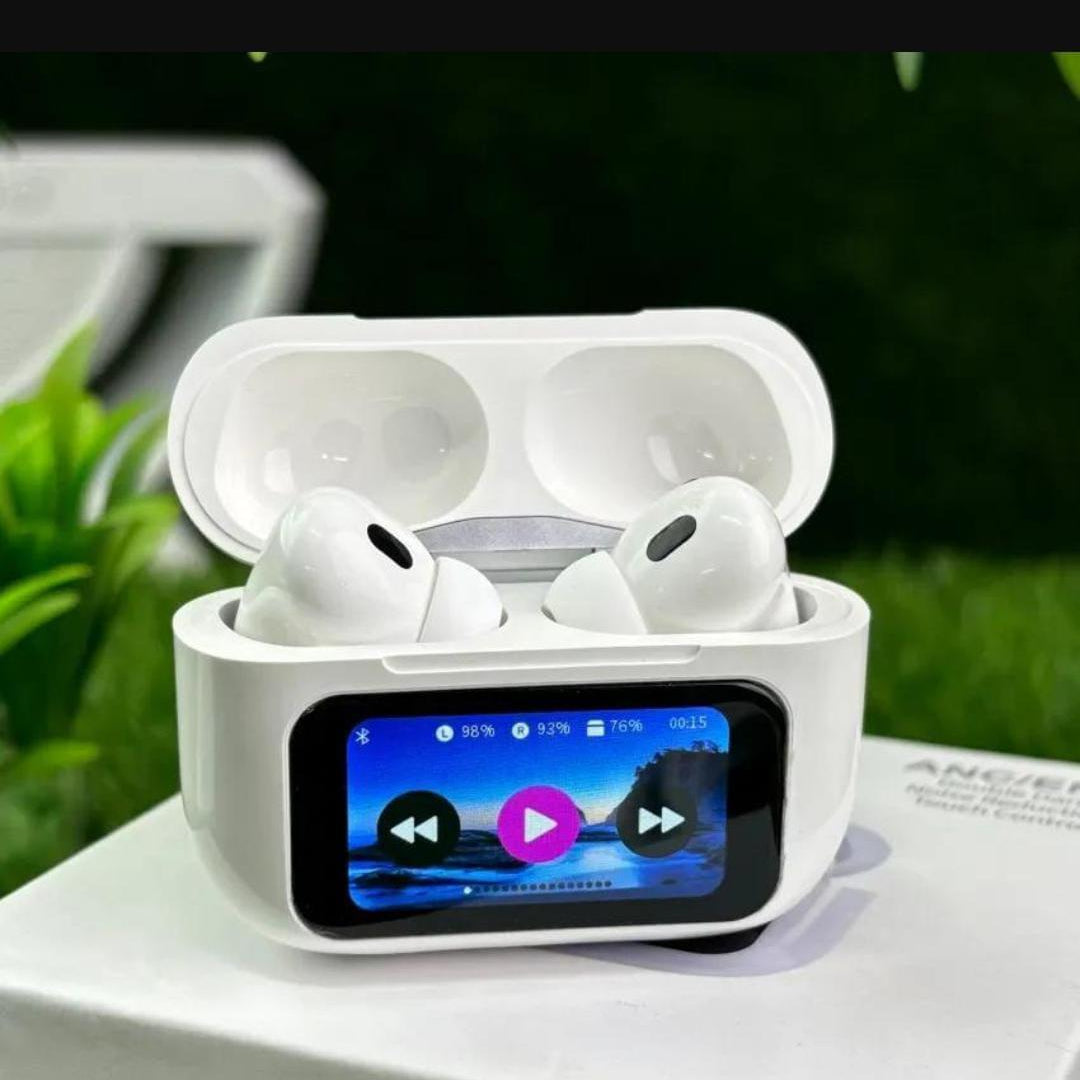 A9 Smart Display Earbuds with charging case showing digital screen display