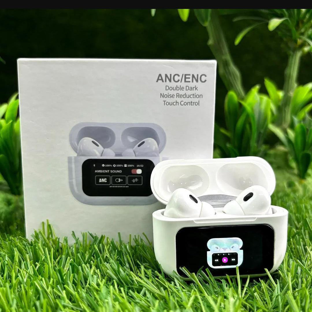 Pair of A9 earbuds outside the case with touch interface visible