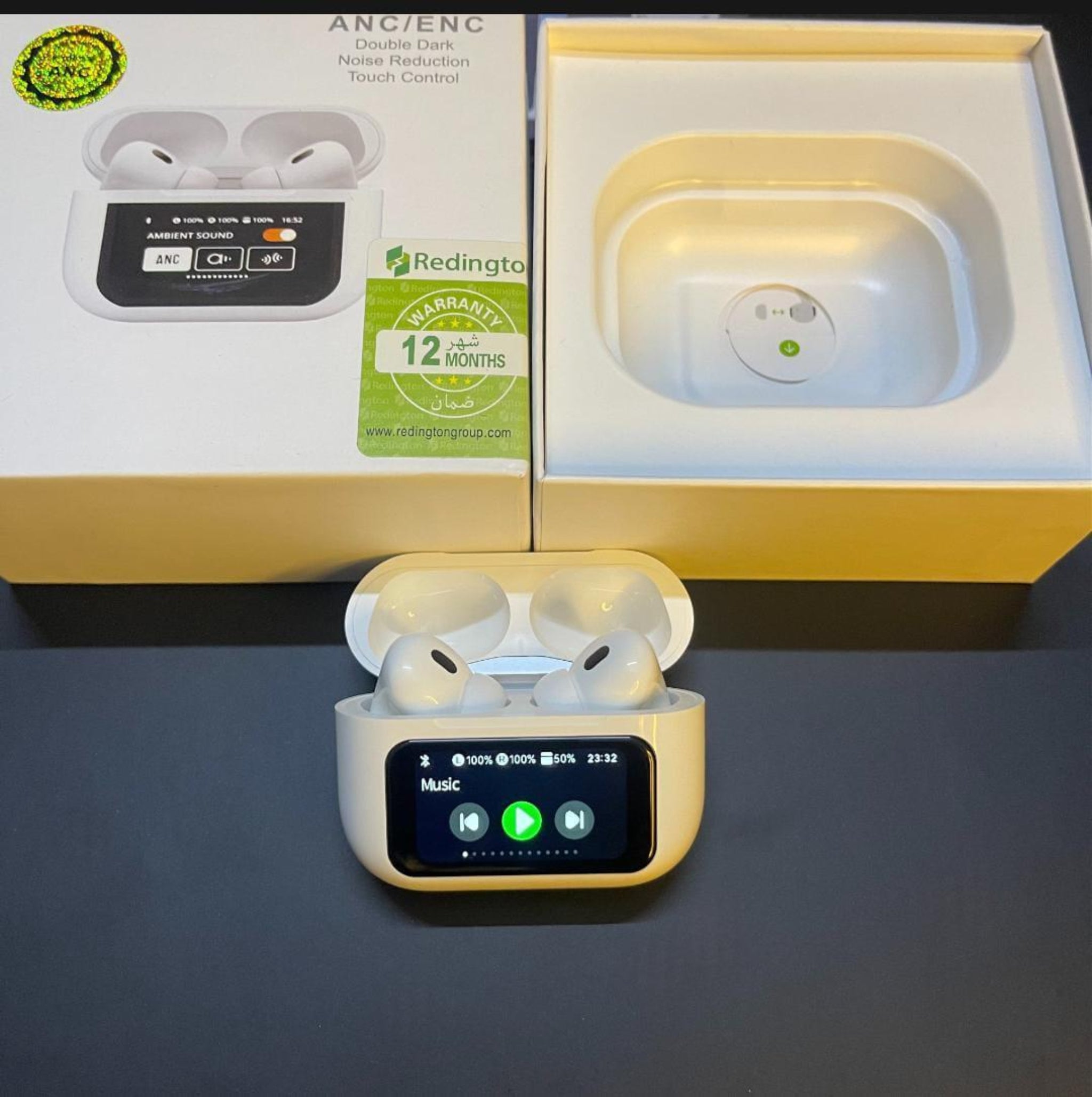 Charging case open with screen showing battery and mode for A9 earbuds