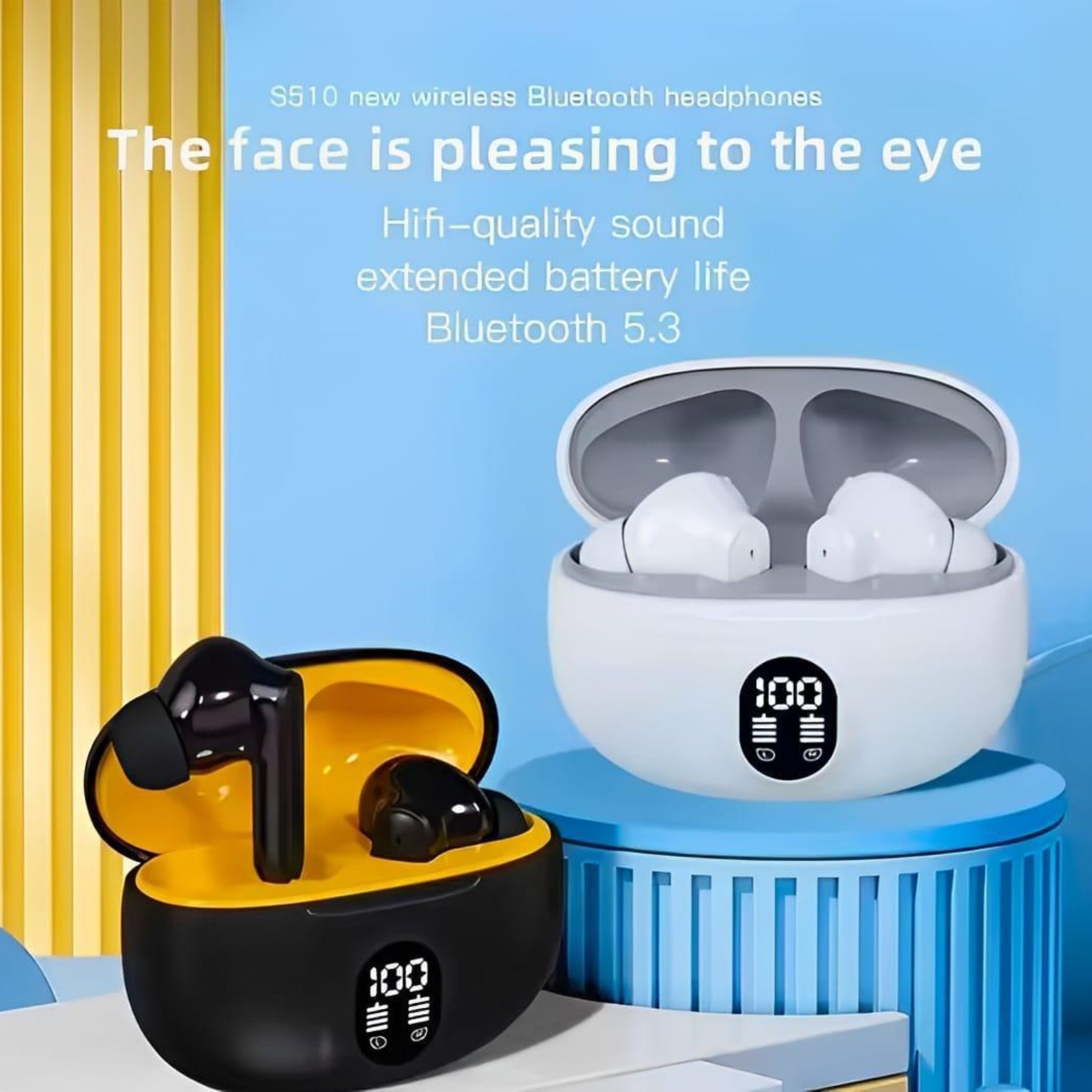 Gaming display stereo earbuds with charging case showing LED screen