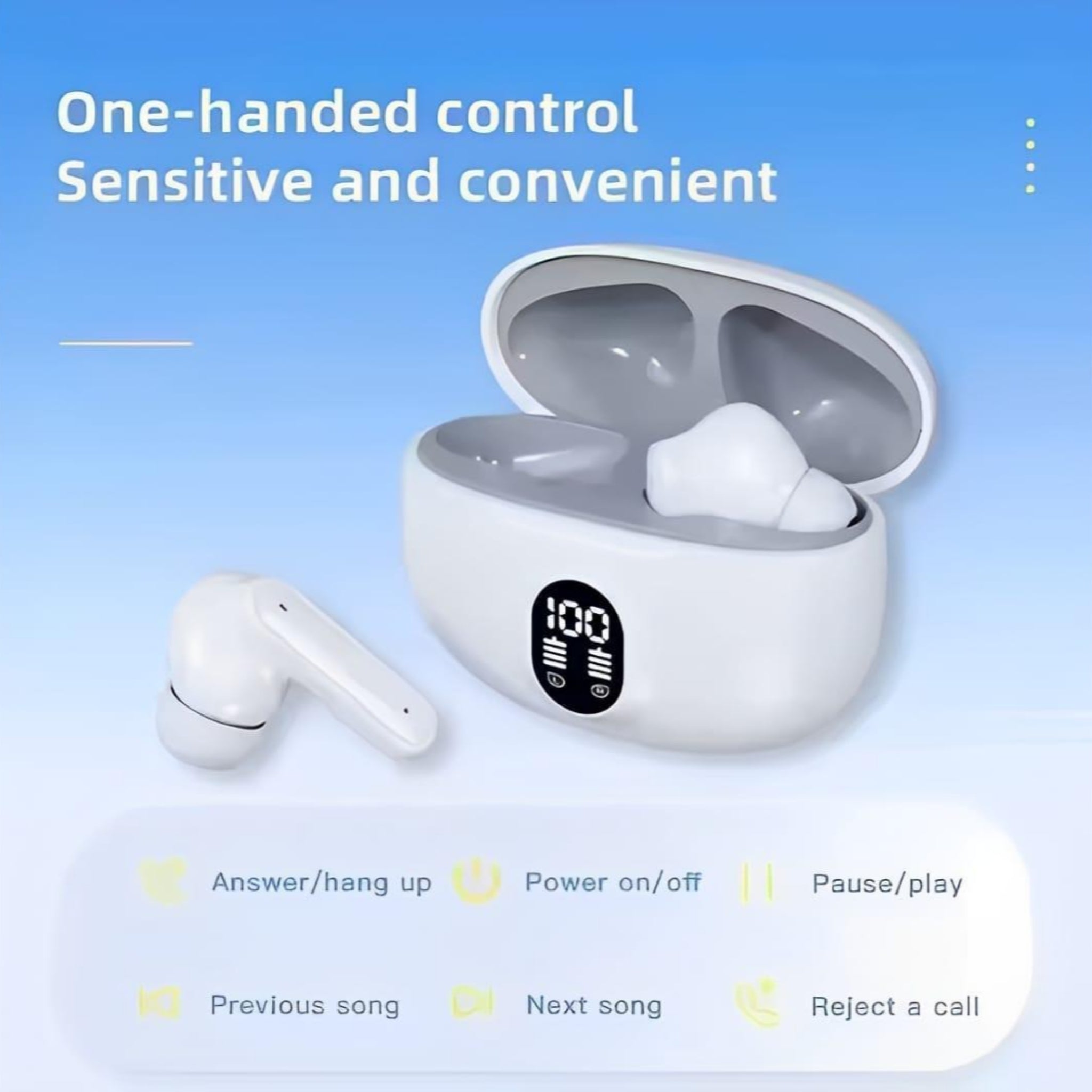 Pair of in-ear gaming earbuds outside case — angle view showing design and LED display on case