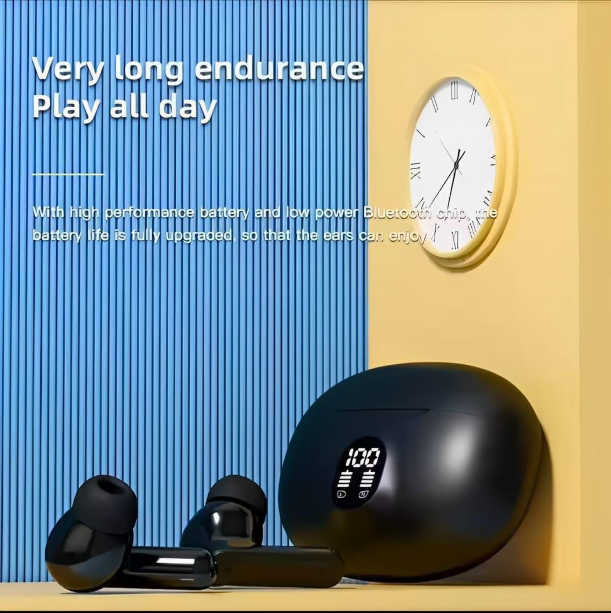 Charging case open with earbuds inside, LED power / mode display visible