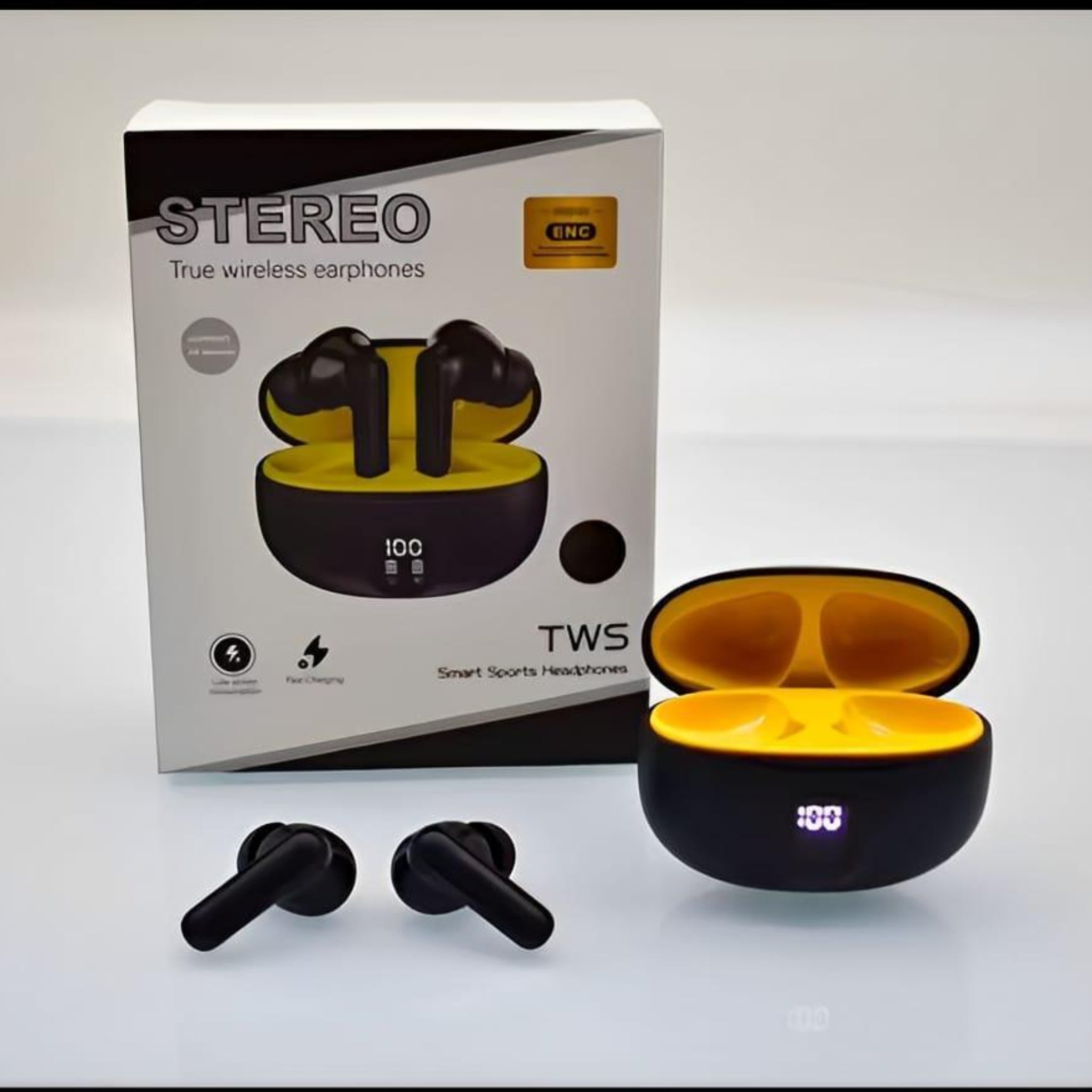 Lifestyle image of gaming earbuds in use with LED display and sleek design