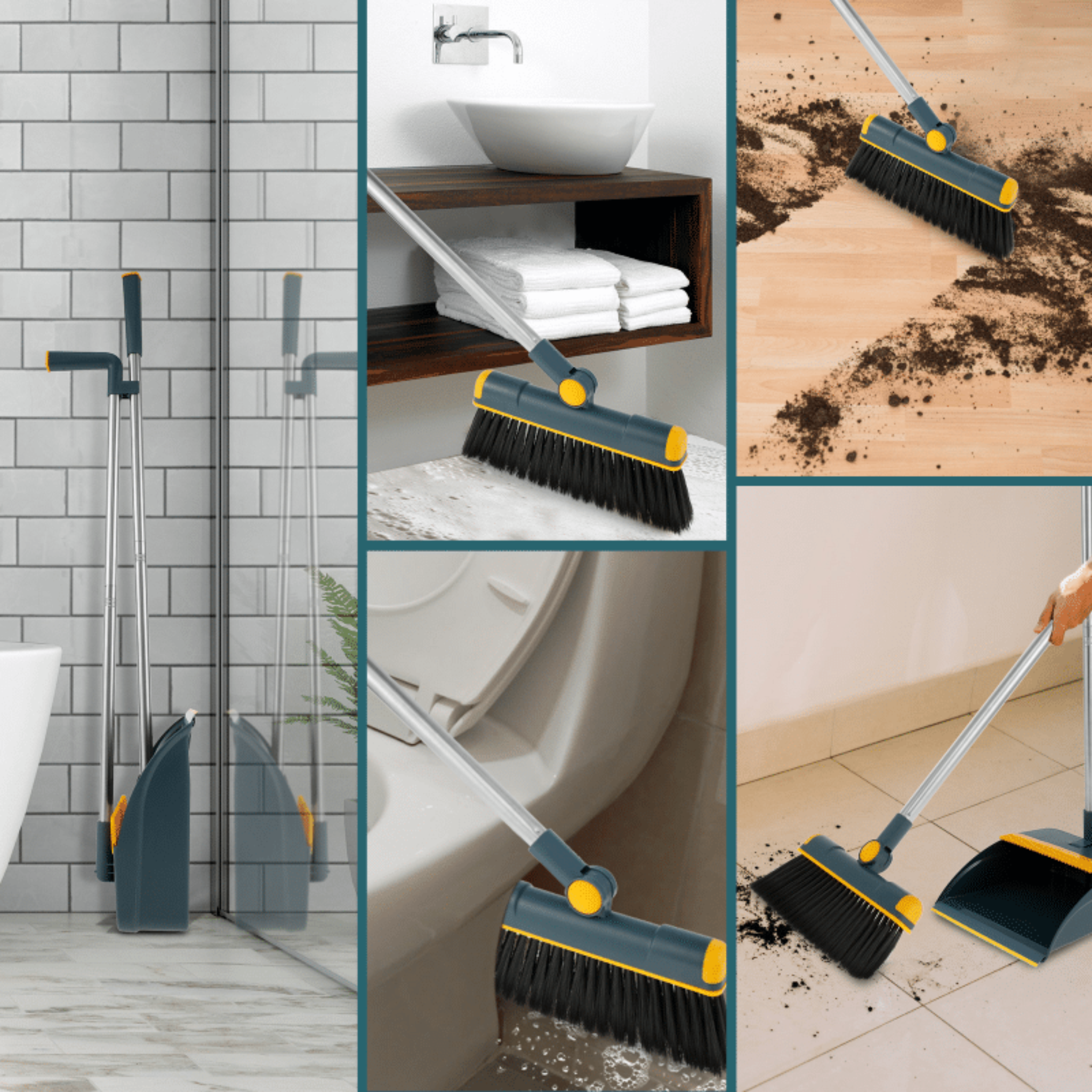 Space saving dustpan and broom combo for apartment cleaning