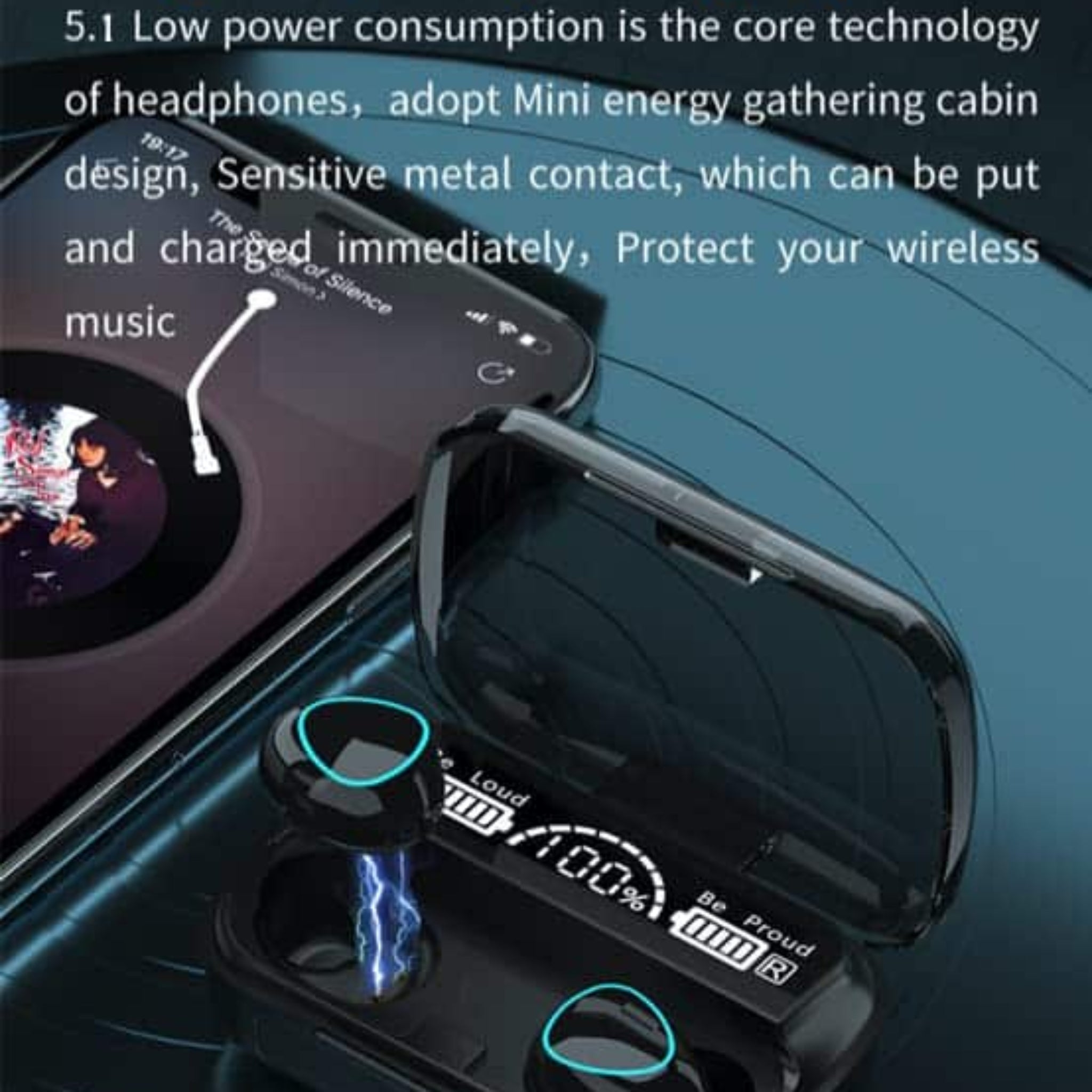 Charging case with LED numeric battery display and earbuds docked — top-open view