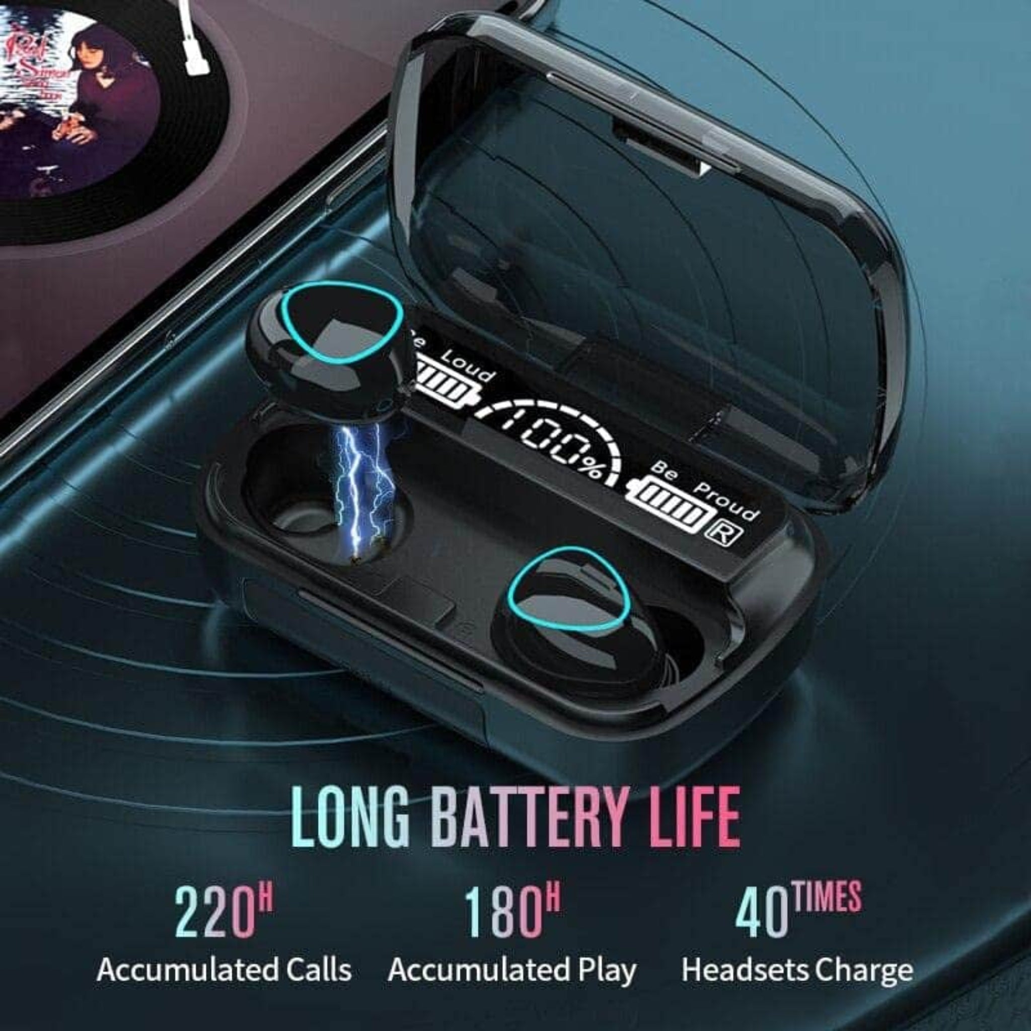 Pair of M10 true wireless earbuds shown outside case — angled view of earbud stem and silicone tip