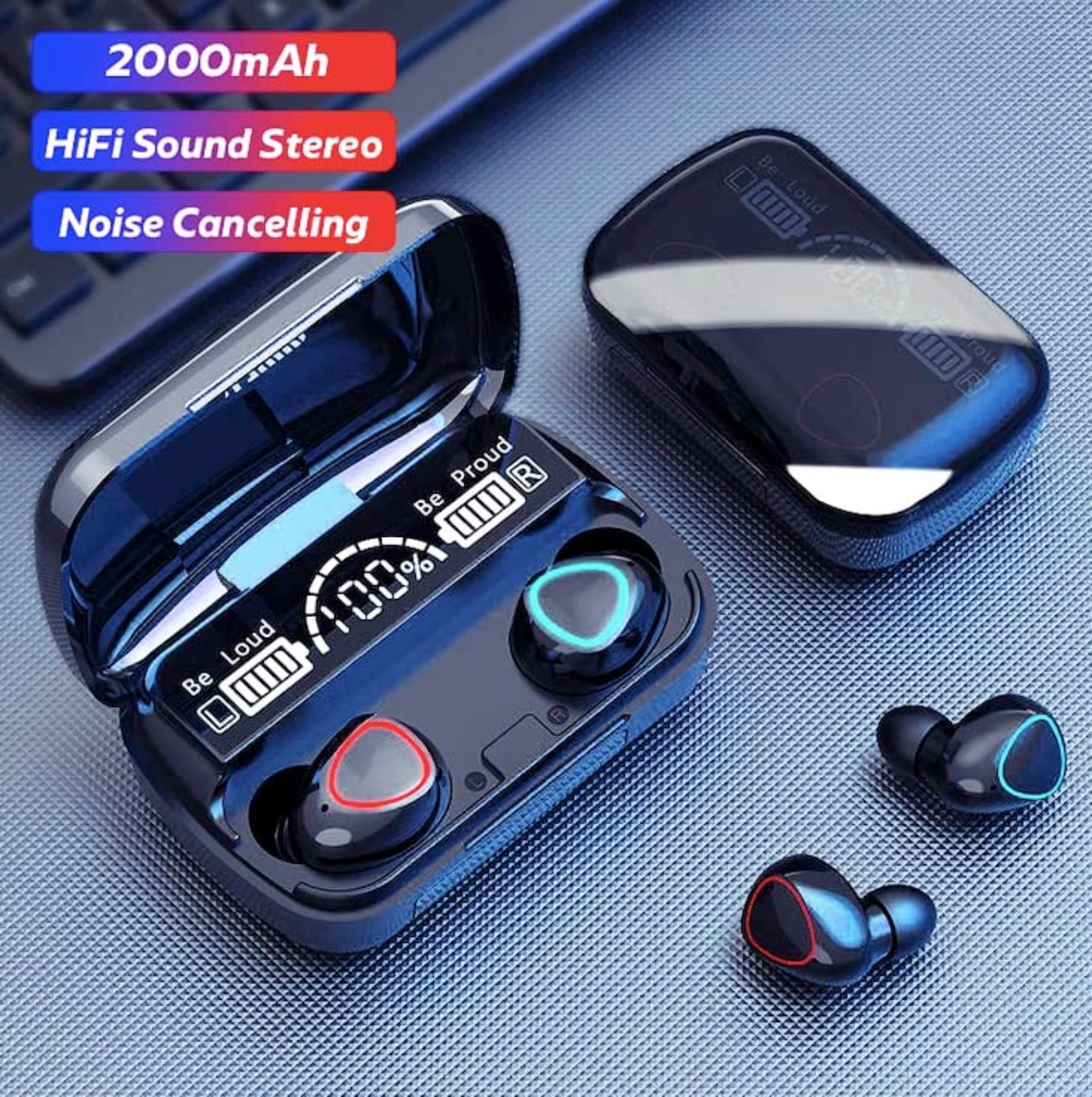 M10 wireless earbuds inside compact charging power-bank case with LED battery display