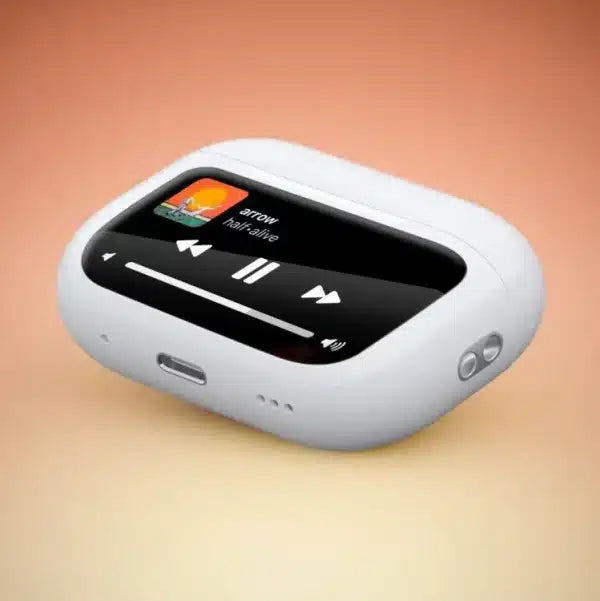 Lifestyle shot of digital display earbuds in use during outdoor activity
