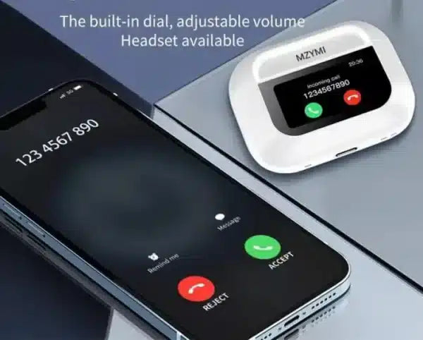 Charging case open with digital screen display and earbuds inside